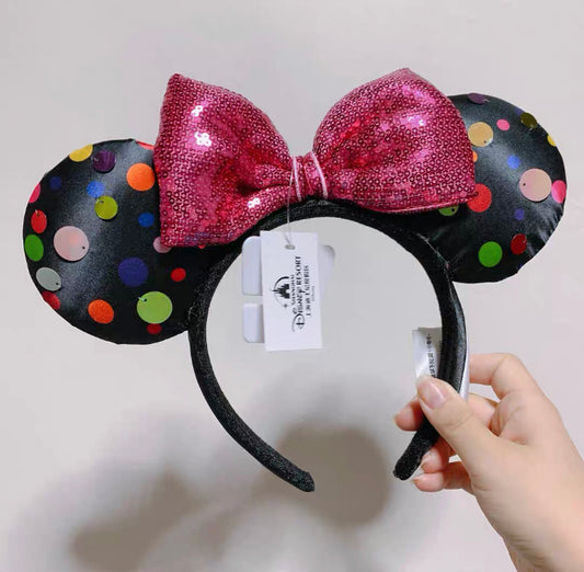 Authentic Disney park Minnie Mouse headband wave point ear sequined bow