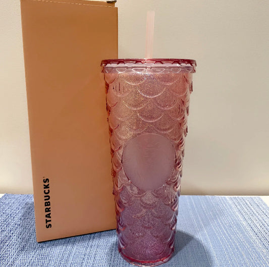 Authentic Starbucks 2022 Pink glitter mermaid Geometric Studded Straw Cup 24oz