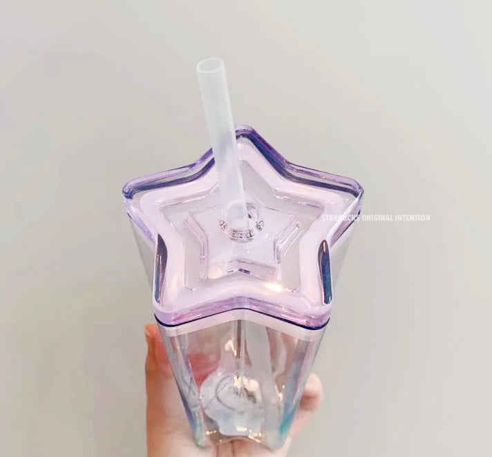New 2021 China Starbucks Star Sky Pentagram Gradient 13oz Glass Straw Cup