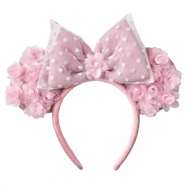2023 Disney Parks Valentine Pink Rosebud White Hearts Minnie Ears Headband