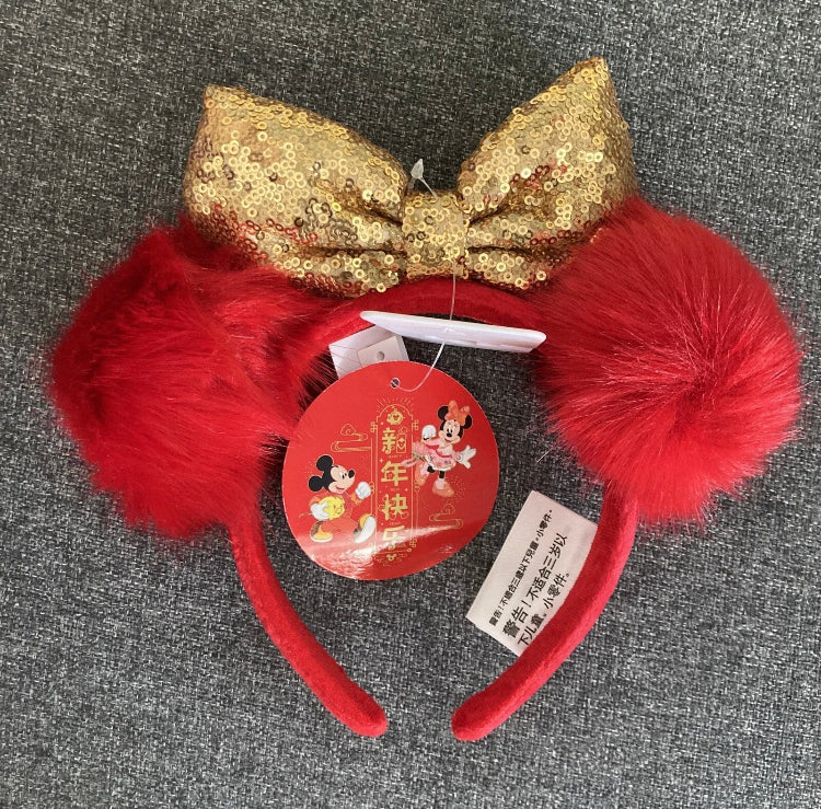 Minnie Mouse Ears Gold Bow fluffy Disney Parks Headband red