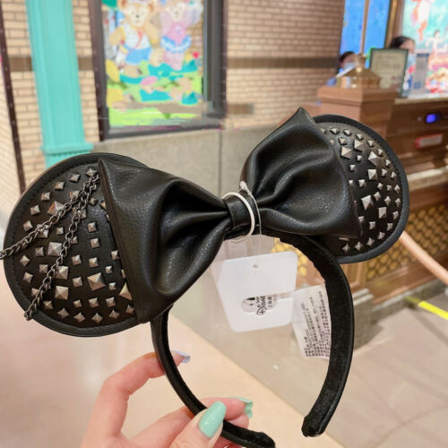 Authentic Disney park Shanghai Minnie Mouse ear headband Black leather Punk Bow