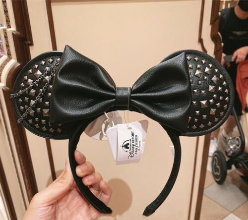 Authentic Disney park Shanghai Minnie Mouse ear headband Black leather Punk Bow